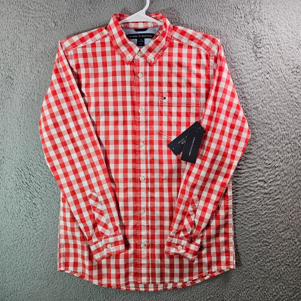 NEW Tommy Hilfiger‎ Shirt Boy Large 16 18 Button Up Orange White Plaid